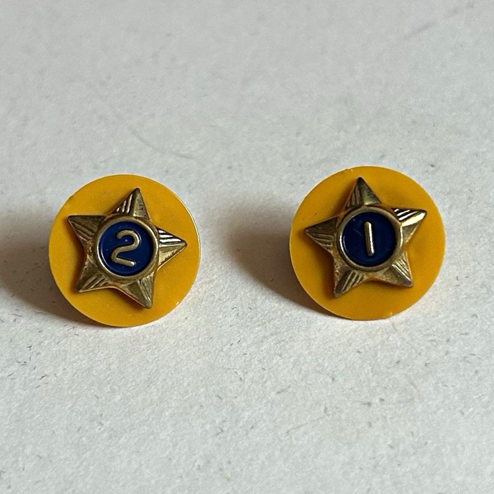 Yellow/Blue Star Number Lapel Pins w/ Clutch Backs Pair "1" and "2"